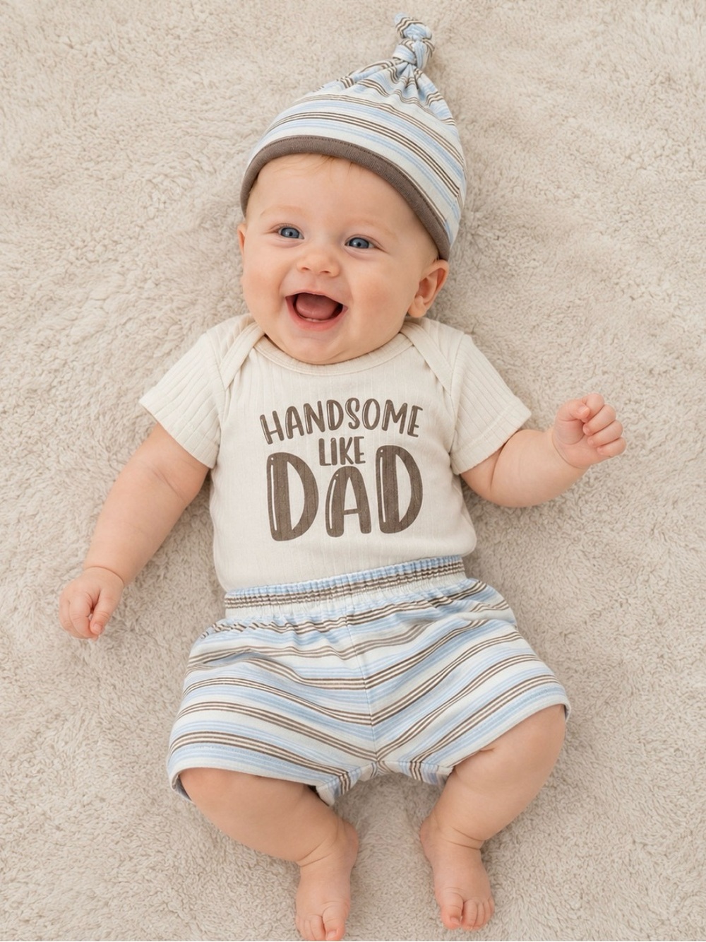 NWOT 3M Baby Boy 3-Piece Outfit Set “Handsome Like Dad” Bodysuit Shorts Knot Hat